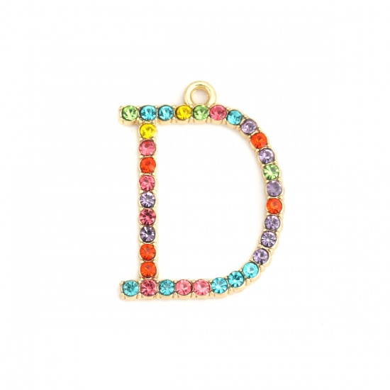 Picture of Zinc Based Alloy Charms Letter D Gold Plated Multicolor Rhinestone Hollow 29mm x 22mm, 5 PCs