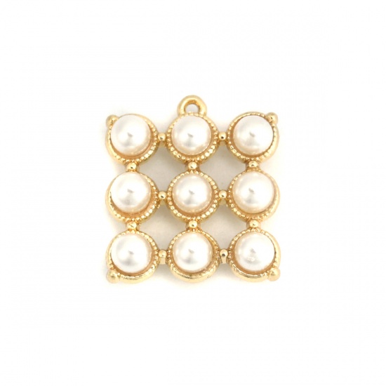Picture of Zinc Based Alloy Charms Square Gold Plated White Acrylic Imitation Pearl 19mm x 17mm, 5 PCs