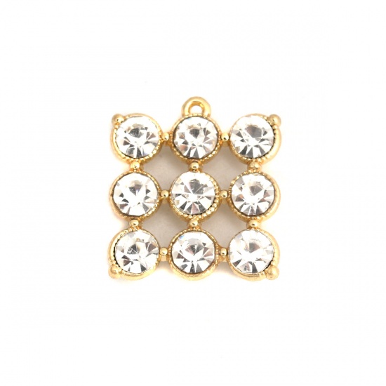 Picture of Zinc Based Alloy Charms Square Gold Plated Clear Rhinestone Hollow 19mm x 17mm, 5 PCs
