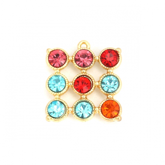 Picture of Zinc Based Alloy Charms Square Gold Plated Multicolor Rhinestone Hollow 19mm x 17mm, 5 PCs