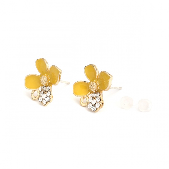 Picture of Zinc Based Alloy Ear Post Stud Earrings Findings Flower Gold Plated Yellow Enamel Clear Rhinestone W/ Loop 13mm x 13mm, Post/ Wire Size: (21 gauge), 4 PCs
