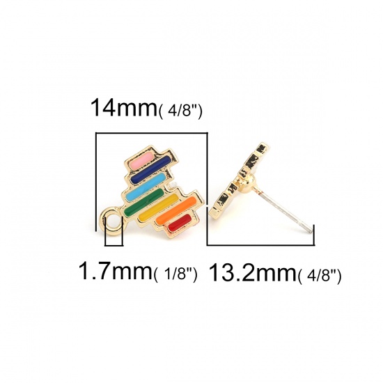 Immagine di Lega di Zinco Orecchini a Perno Tappi di Orecchini Cuore Oro Placcato Multicolore Smalto 14mm x 13mm, Diametro Filo: (21 misura), 4 Pz