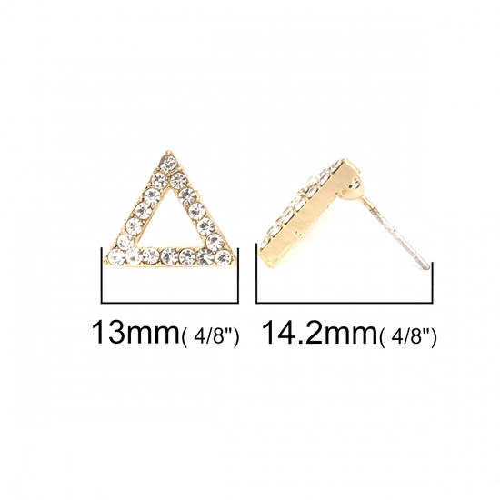 Picture of Ear Post Stud Earrings Findings Triangle Gold Plated Hollow Clear Rhinestone 13mm x 12mm, Post/ Wire Size: (21 gauge), 4 PCs