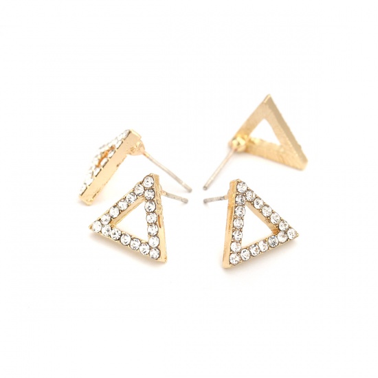 Picture of Ear Post Stud Earrings Findings Triangle Gold Plated Hollow Clear Rhinestone 13mm x 12mm, Post/ Wire Size: (21 gauge), 4 PCs