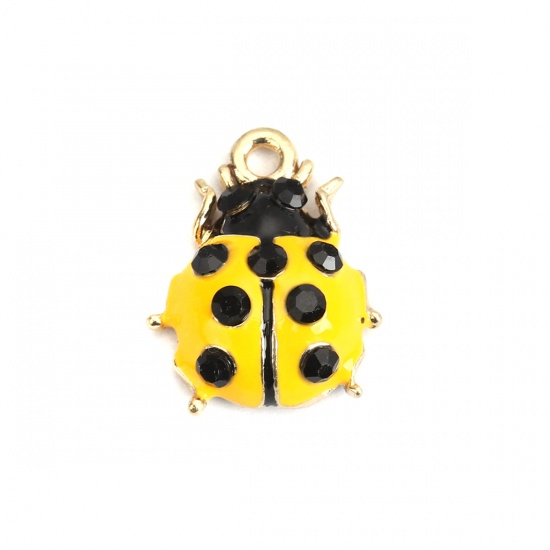 Picture of Zinc Based Alloy Charms Ladybug Animal Gold Plated Yellow Black Rhinestone Enamel 18mm x 14mm, 10 PCs