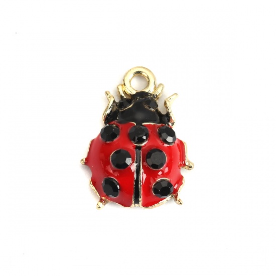 Picture of Zinc Based Alloy Charms Ladybug Animal Gold Plated Red Black Rhinestone Enamel 18mm x 14mm, 10 PCs