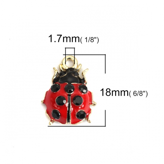 Picture of Zinc Based Alloy Charms Ladybug Animal Gold Plated Red Black Rhinestone Enamel 18mm x 14mm, 10 PCs