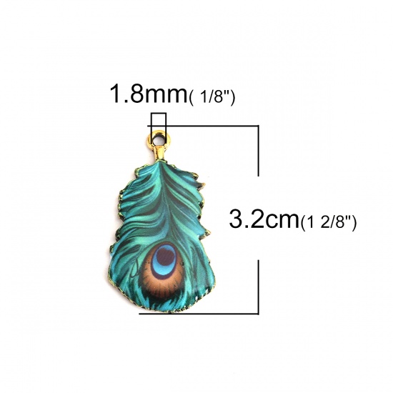 Picture of Zinc Based Alloy Pendants Feather Gold Plated Peacock Green Enamel 3.2cm x 1.8cm, 10 PCs