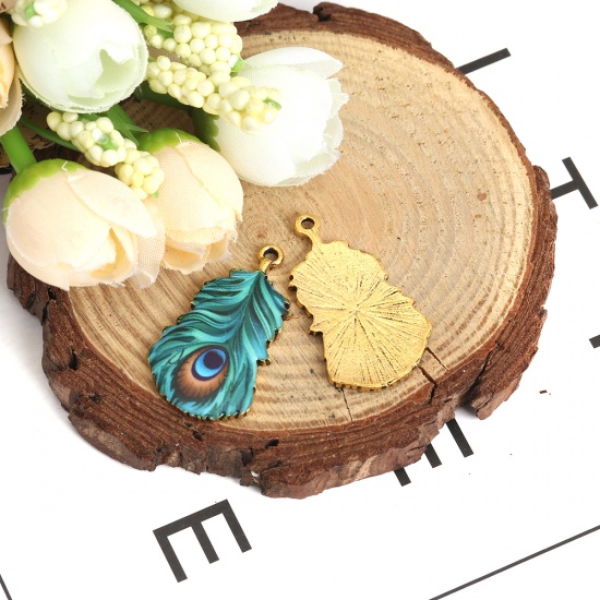 Picture of Zinc Based Alloy Pendants Feather Gold Plated Peacock Green Enamel 3.2cm x 1.8cm, 10 PCs