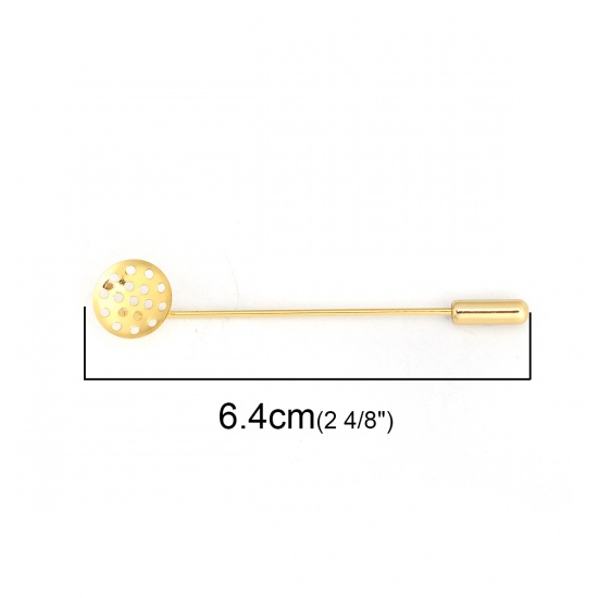 Picture of Brass Pin Brooches Round Gold Plated Cabochon Settings (Fit 12mm Dia.) 64mm x 12mm, 10 PCs                                                                                                                                                                    