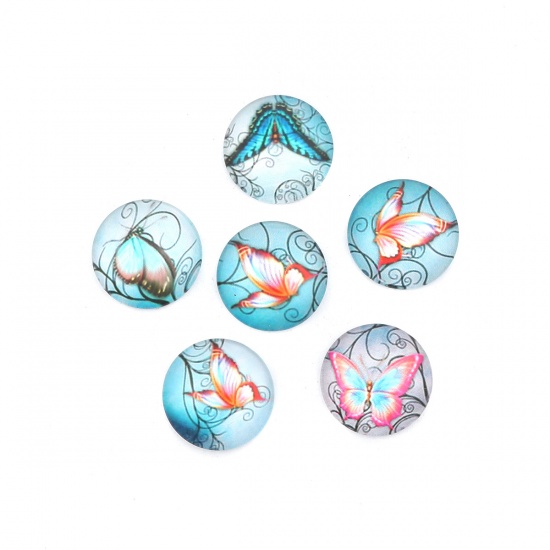 Picture of Glass Dome Seals Cabochon Round Flatback Multicolor Butterfly Pattern 20mm Dia, 10 PCs