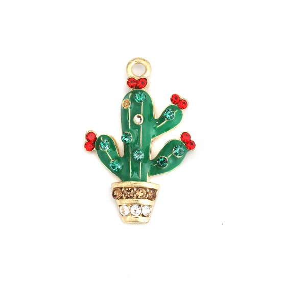Imagen de Zamak Colgantes Charms Cactus Chapado en Oro Verde Maceta Planta Transparente & Rojo Rhinestone Esmalte 27mm x 18mm, 5 Unidades