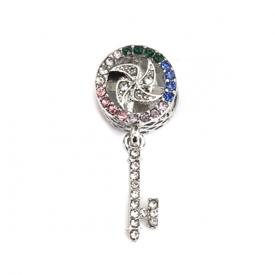 Picture of Zinc Based Alloy European Style Large Hole Charm Dangle Beads Key Silver Tone Windmill Multicolor Rhinestone Hollow 27mm x 11mm, 5 PCs