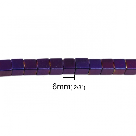 Image de (Classement A) Perles en Hématite （ Naturel ） Cube Violet 6mm x 6mm, Trou: env. 1.7mm, 40cm long, 1 Enfilade (Env. 68 Pcs/Enfilade)