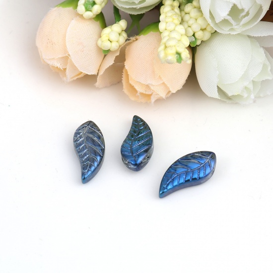 Bild von Glas Perlen Blätter Blau AB Farbe ca. 16mm x 8mm, Loch: 0.9mm, 50 Stück