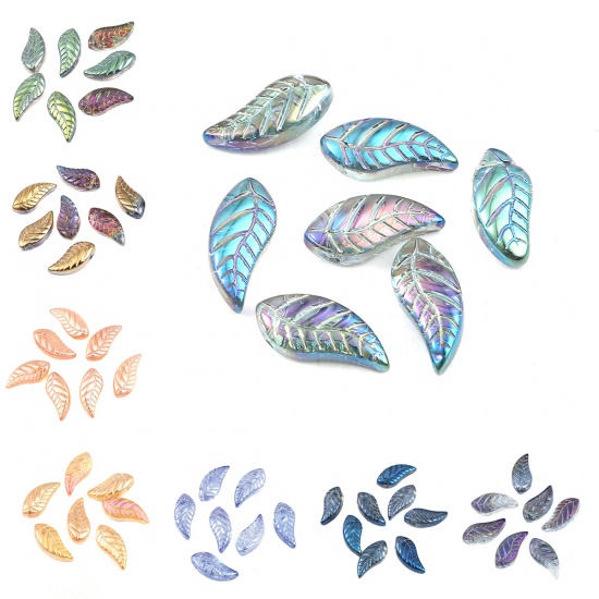 Picture of Glass Beads Leaf Blue AB Rainbow Color About 16mm x 8mm, Hole: Approx 0.9mm, 50 PCs