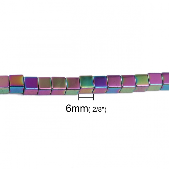 Image de (Classement A) Perles en Hématite （ Naturel ） Cube Multicolore Couleur AB 6mm x 6mm, Trou: env. 1.7mm, 40cm long, 1 Enfilade (Env. 68 Pcs/Enfilade)