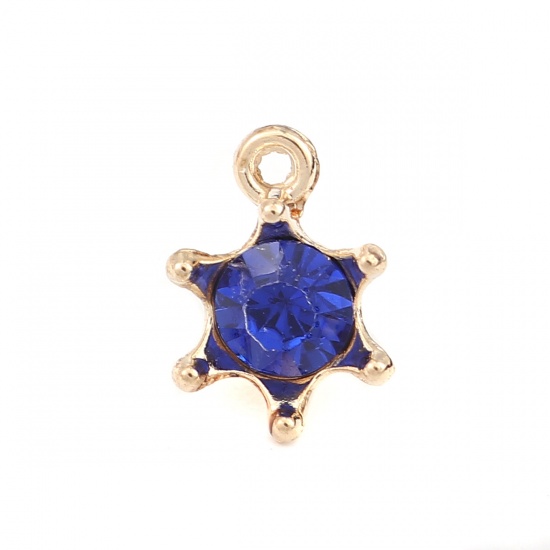 Picture of Zinc Based Alloy Charms Crown Gold Plated Blue Rhinestone 16mm x 11mm, 30 PCs