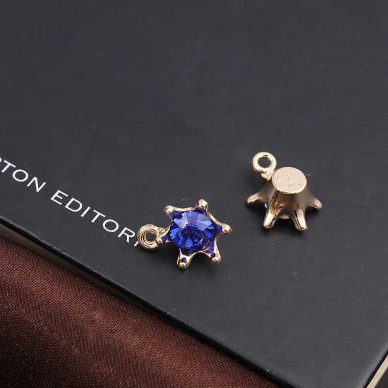 Picture of Zinc Based Alloy Charms Crown Gold Plated Blue Rhinestone 16mm x 11mm, 30 PCs