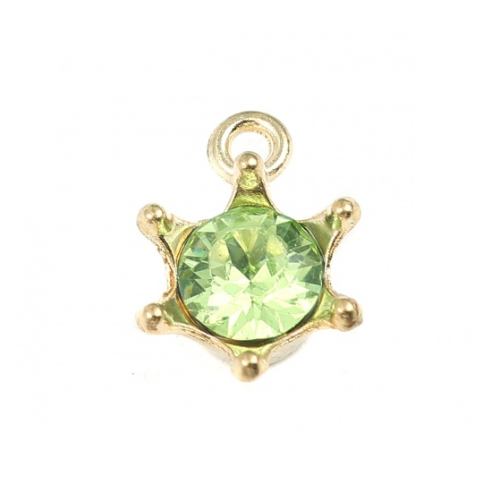Picture of Zinc Based Alloy Charms Crown Gold Plated Green Rhinestone 16mm x 11mm, 30 PCs