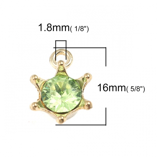 Picture of Zinc Based Alloy Charms Crown Gold Plated Green Rhinestone 16mm x 11mm, 30 PCs