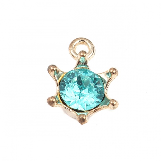 Picture of Zinc Based Alloy Charms Crown Gold Plated Mint Green Rhinestone 16mm x 11mm, 30 PCs