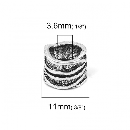 Bild von Zinklegierung Zwischenperlen Spacer Perlen Zylinder Antiksilber Streifen 11mm x 9mm, Loch:ca. 3.6mm, 10 Stück