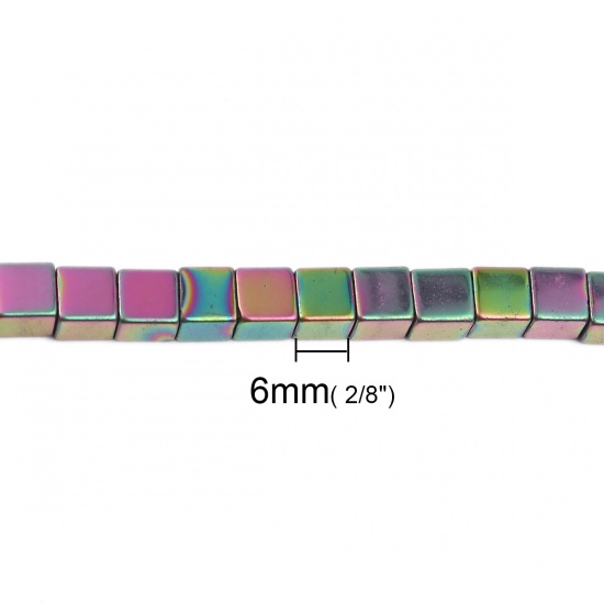 Image de (Classement A) Perles en Hématite （ Naturel ） Cube Fuchsia & Vert 6mm x 6mm, Trou: env. 1.7mm, 40cm long, 1 Enfilade (Env. 68 Pcs/Enfilade)