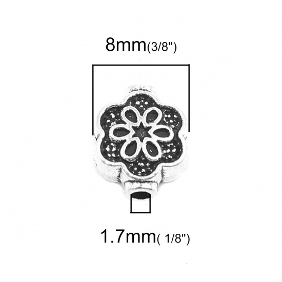 亜鉛合金 スペーサー ビーズ フラワー 銀古美 10mm x 8mm、 穴：約 1.7mm、 50 個 の画像