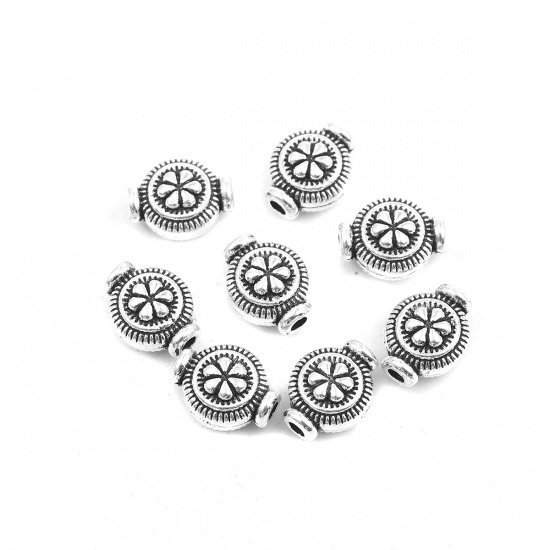 Picture of Zinc Based Alloy Spacer Beads Round Antique Silver Flower 10mm x 8mm, Hole: Approx 1.7mm, 50 PCs