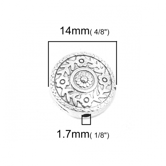 Picture of Zinc Based Alloy Spacer Beads Round Antique Silver Flower About 14mm Dia., Hole: Approx 1.7mm, 20 PCs