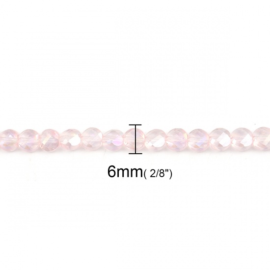 ガラス ビーズ フラットラウンド 薄ピンク 透明 ファセット・カット 約 6mm 直径、 穴：約 1mm、 56cm - 45cm 長さ、 1 連 （約 95 - 80 個/連） の画像