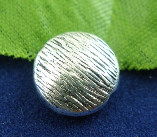 Picture of Zinc Based Alloy Spacer Beads Flat Round Antique Silver Color Stripe Carved About 10mm Dia, Hole:Approx 1.6mm, 30 PCs