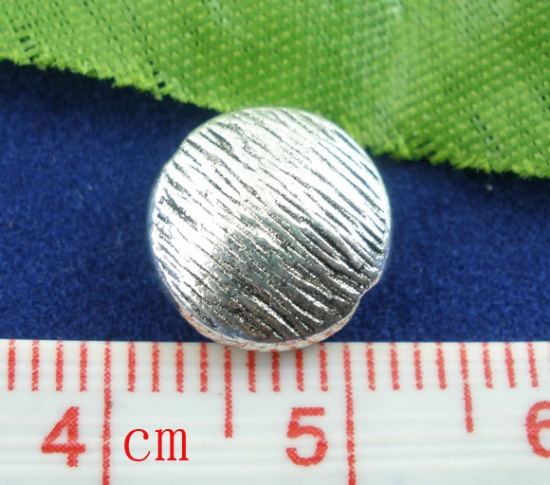 Picture of Zinc Based Alloy Spacer Beads Flat Round Antique Silver Color Stripe Carved About 10mm Dia, Hole:Approx 1.6mm, 30 PCs