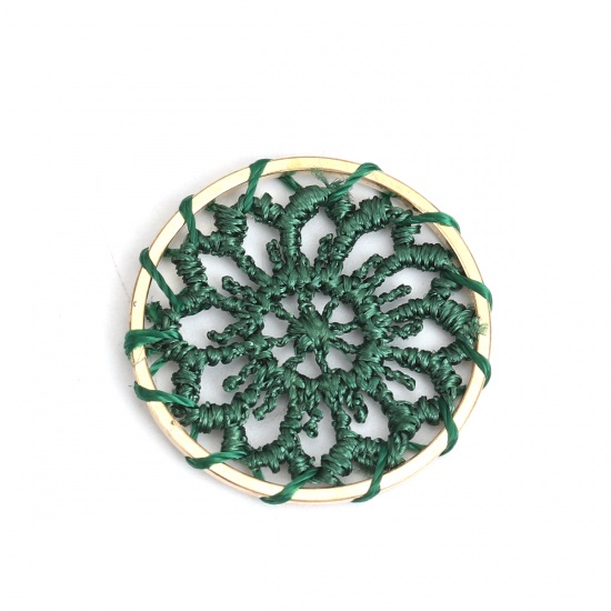 Bild von Zinklegierung & Baumwolle Verbinder Rund Vergoldet Grün mit Blumen Muster Strickt, 28mm D., 10 Stück