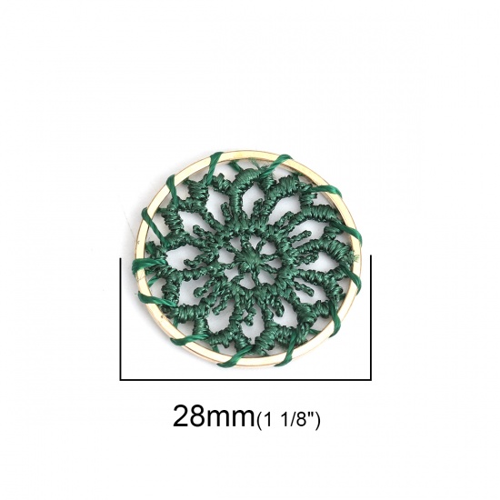 Image de Connecteurs en Alliage de Zinc & Coton Rond Vert Doré Fleurs Tissé 28mm Dia, 10 Pcs