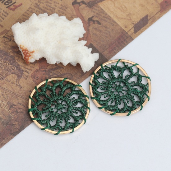 Image de Connecteurs en Alliage de Zinc & Coton Rond Vert Doré Fleurs Tissé 28mm Dia, 10 Pcs