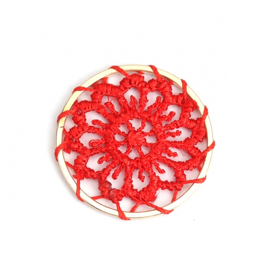 Picture of Zinc Based Alloy & Cotton Connectors Round Gold Plated Red Flower Woven 28mm Dia., 10 PCs