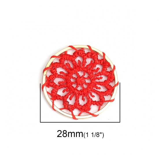 Image de Connecteurs en Alliage de Zinc & Coton Rond Rouge Doré Fleurs Tissé 28mm Dia, 10 Pcs