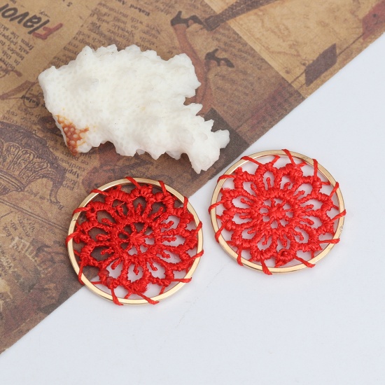 Image de Connecteurs en Alliage de Zinc & Coton Rond Rouge Doré Fleurs Tissé 28mm Dia, 10 Pcs