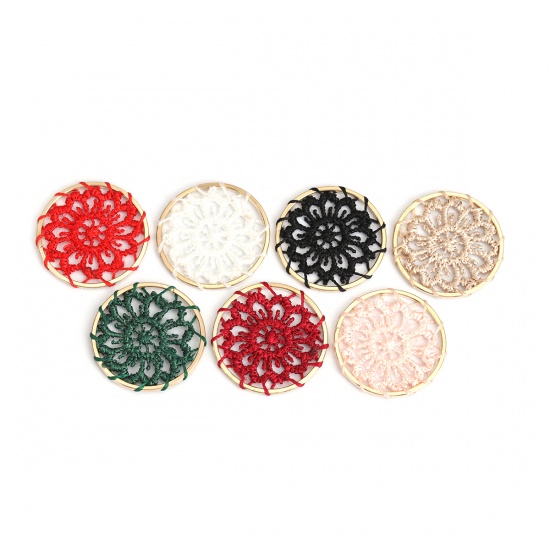 Image de Connecteurs en Alliage de Zinc & Coton Rond Rouge Doré Fleurs Tissé 28mm Dia, 10 Pcs