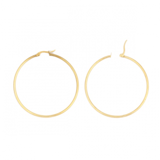 Picture of 304 Stainless Steel Hoop Earrings Gold Plated Round 5.5cm Dia., Post/ Wire Size: (17 gauge), 1 Pair