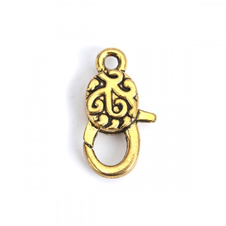 Zinc Based Alloy Lobster Clasp Findings Oval Gold Tone Antique Gold Carved Pattern Pattern 3cm x 1.6cm, 10 PCs