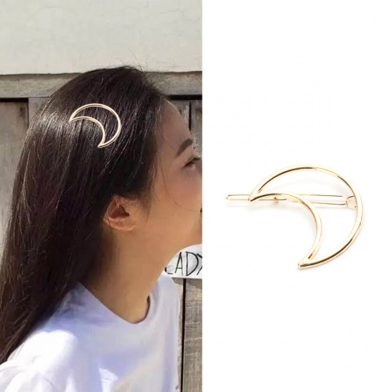 Picture of Zinc Based Alloy Hair Clips Findings Gold Plated Half Moon Hollow 6.3cm x 5.2cm, 5 PCs