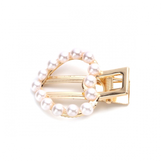 Picture of Hair Clips Findings Gold Plated White Heart Imitation Pearl 5.4cm x 3.8cm, 2 PCs
