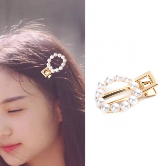 Picture of Hair Clips Findings Gold Plated White Round Imitation Pearl 5.2cm x 3.6cm, 2 PCs