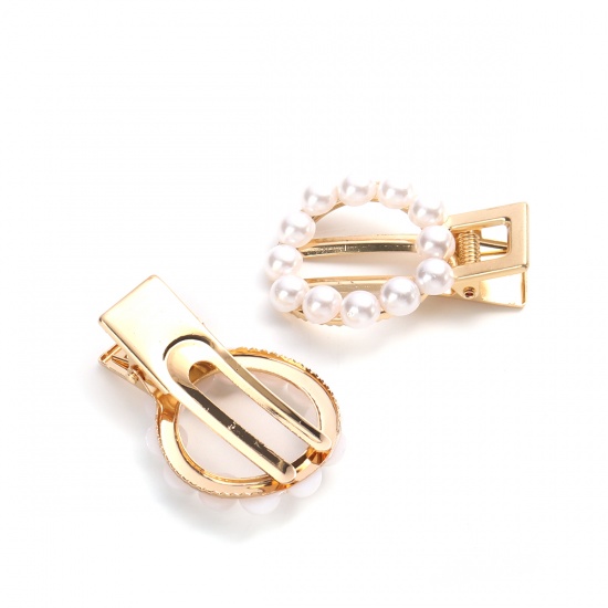 Picture of Hair Clips Findings Gold Plated White Round Imitation Pearl 5.2cm x 3.6cm, 2 PCs