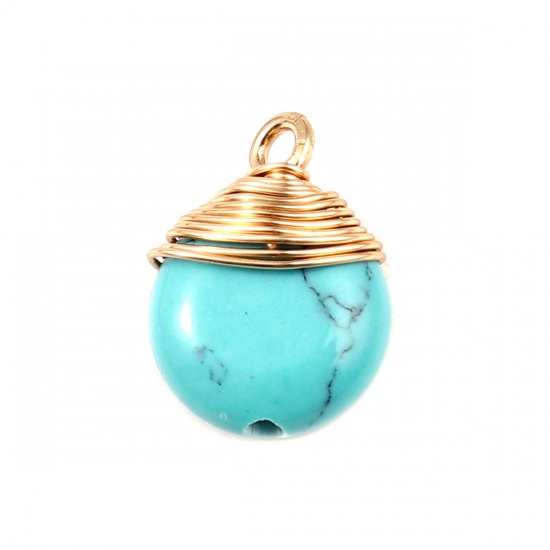 Picture of (Grade B) Turquoise ( Synthetic ) Charms Gold Plated Blue Round 15mm x 11mm, 1 Piece