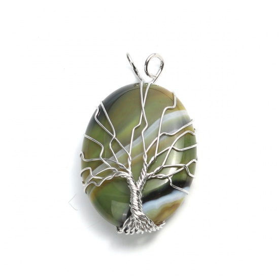 Picture of (Grade A) Agate ( Natural ) Pendants Oval Silver Tone Yellow-green Tree 5cm x 3cm, 1 Piece