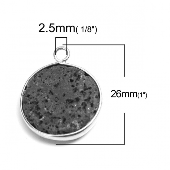 Picture of (Grade A) Lava Rock ( Natural ) Charms Silver Tone Black Round 26mm x 22mm, 1 Piece